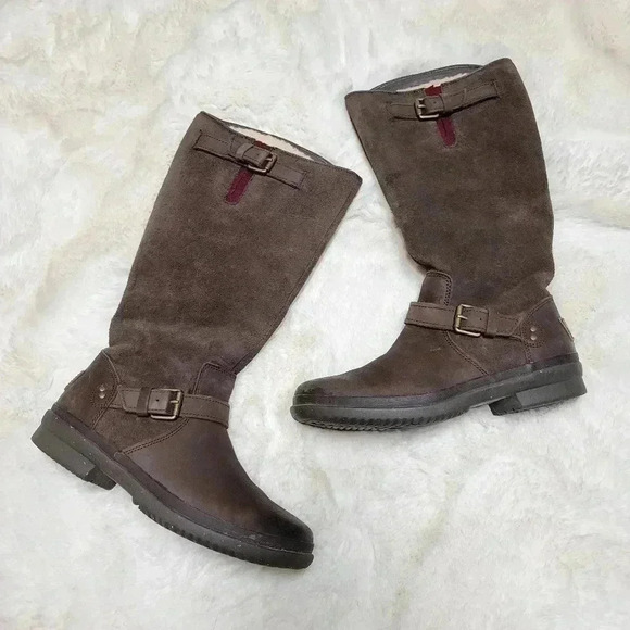 UGG Australia Tupelo Dark Brown Leather Moto Riding Boots Women Sz 6 Waterproof - Picture 2 of 9